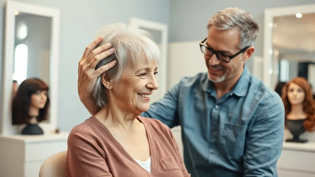 A woman with a sensitive scalp trying on a lightweight monofilament wig during a chemotherapy wig consultation