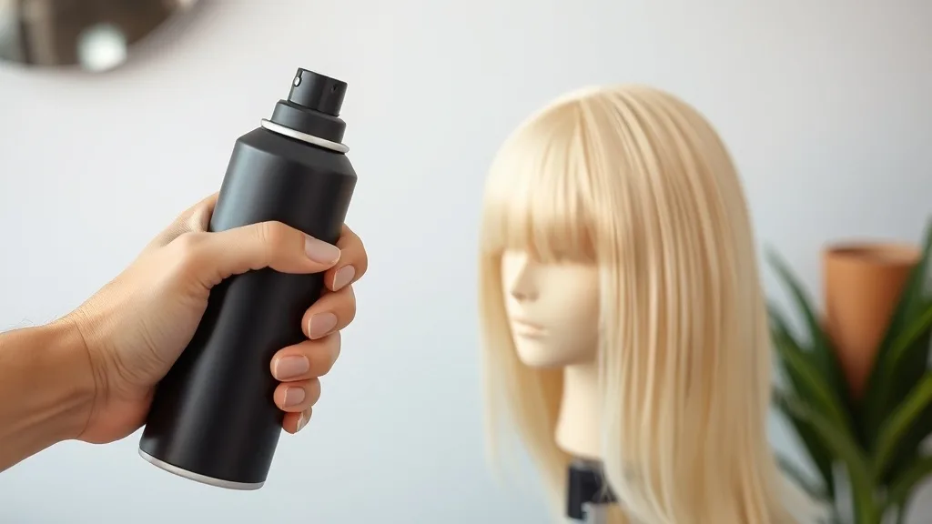 Hand spraying dry shampoo onto a wig on a stand to reduce shine