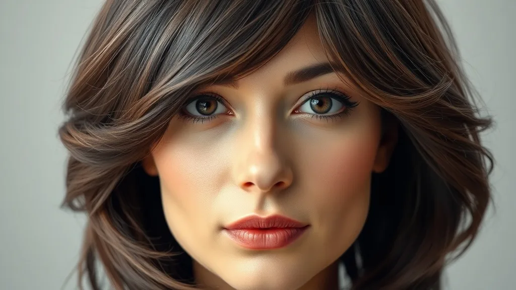 A woman with a prominent nose wearing a wig with wispy, side-swept bangs
