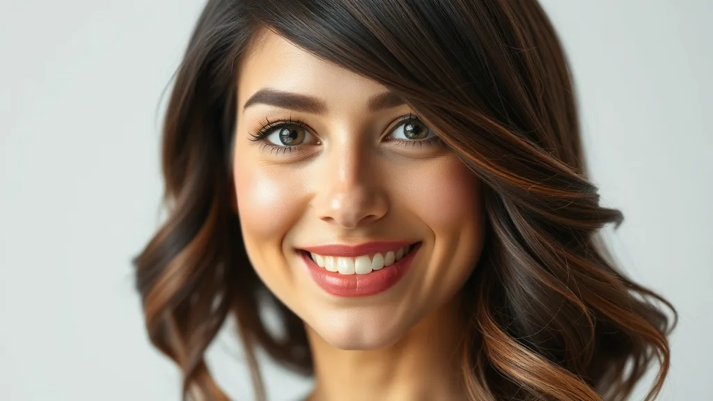 A woman with a prominent nose wearing a layered wig with a deep side part and soft waves, smiling naturally