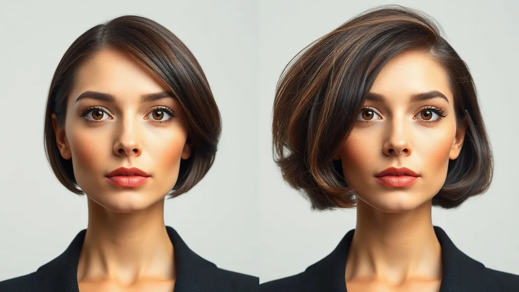 Split image of the same woman with a prominent nose, left side wearing a flat wig, right side wearing a voluminous wig