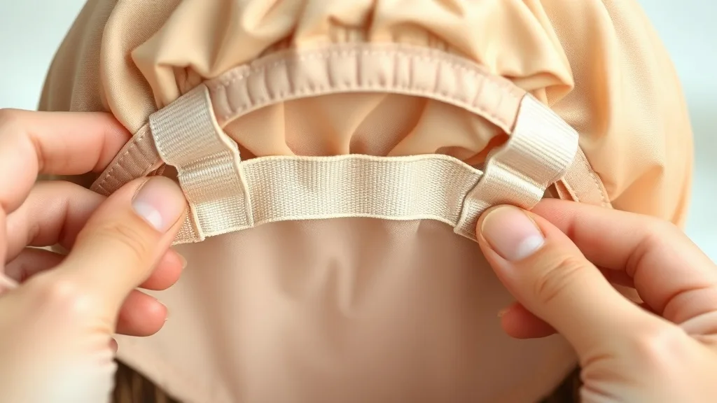 Close-up of adjustable straps on a wig cap, being tightened to lower the hairline