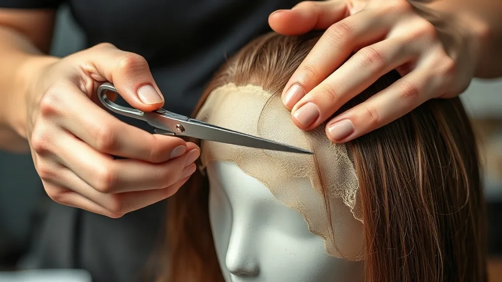 A person carefully trimming the lace front of a wig to lower the hairline