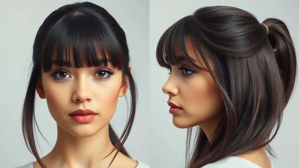 Illustration showing side-by-side comparison of a wig with bangs and a wig without bangs on a wide forehead