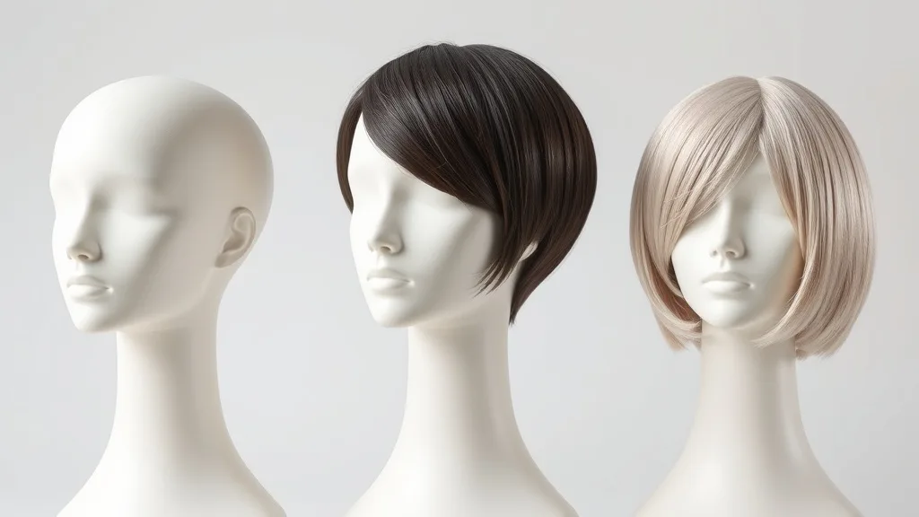 Three mannequins displaying a chin-length bob, a pixie cut, and a shoulder-length layered wig