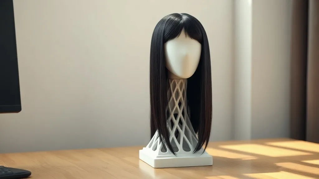A custom 3D-printed wig stand with a long black wig draped over it, on a wooden table