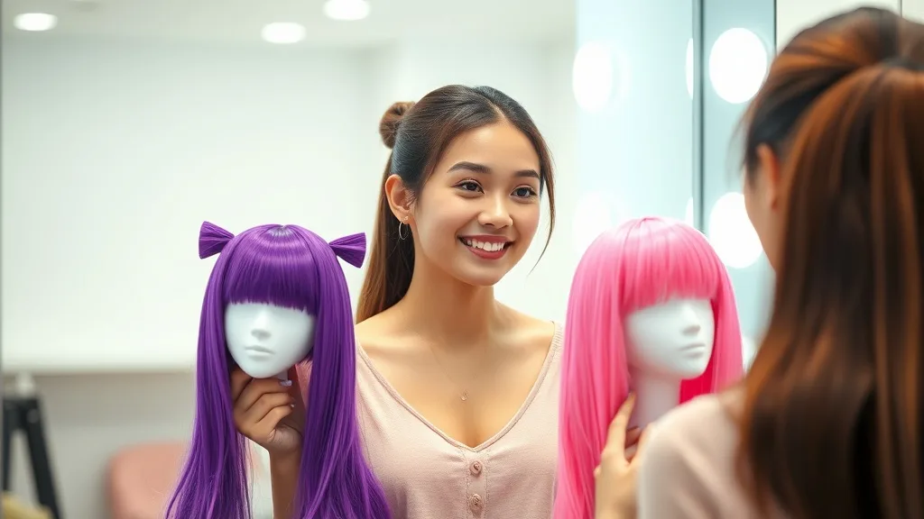 A person holding two wigs in different colors, looking at themselves in a mirror, with a smile