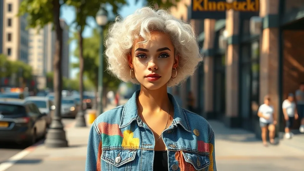 A young woman with a short, platinum blonde curly wig, wearing a vibrant jacket, looking confident in a cityscape
