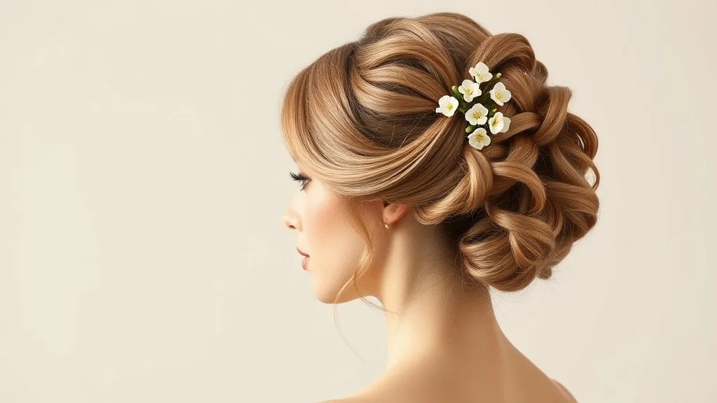 A wig styled in an elegant updo with small floral accessories, side view