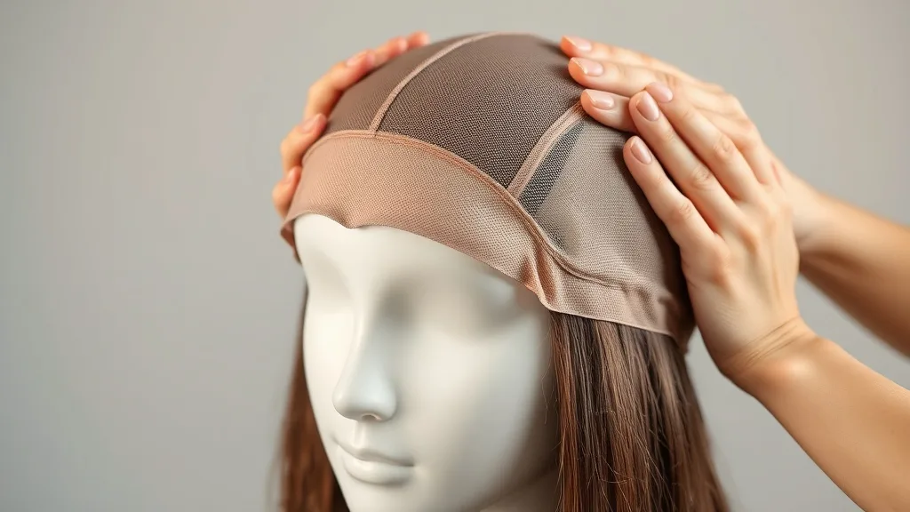 Close-up of hands adjusting a lace front wig cap on a mannequin head