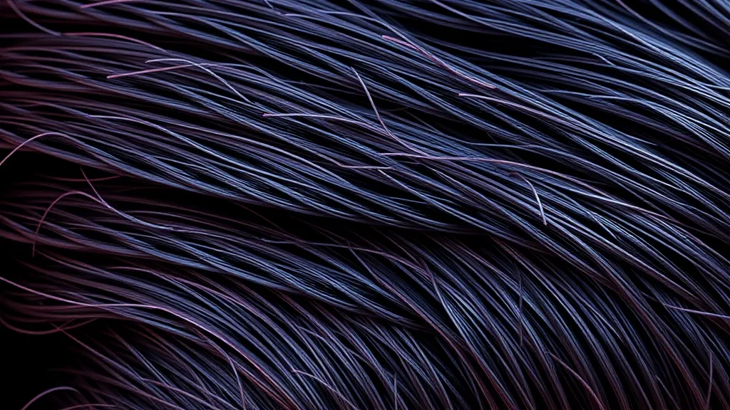 Microscopic view of synthetic wig fibers with crimped texture showing polymer structure