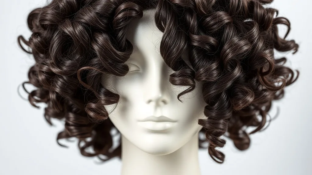 Close-up of a curly wig on a mannequin head showing natural curl pattern and realistic texture