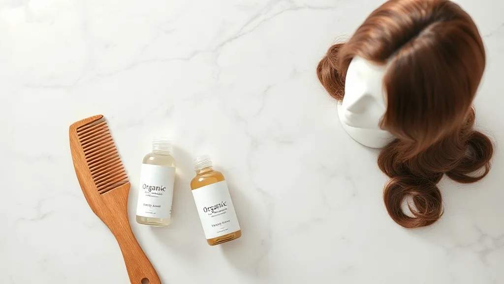 Bottles of organic wig shampoo and conditioner on a marble countertop next to a wig stand