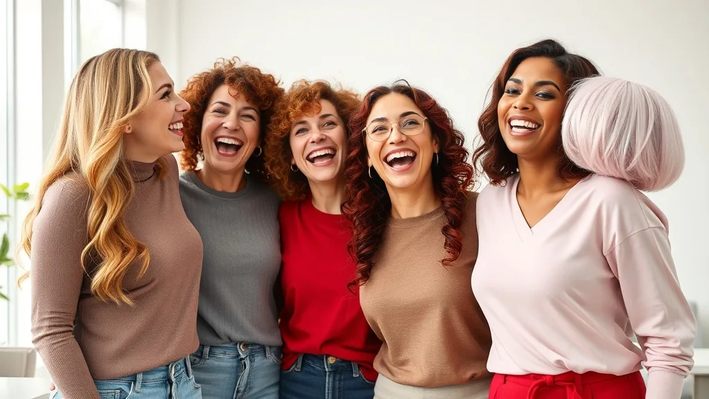 A diverse group of women laughing and posing confidently, each wearing a wig in a different color—blonde, brunette, red, and pastel pink