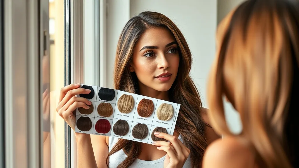 A woman holding a wig color ring with multiple swatches against her cheek, comparing shades to her skin tone