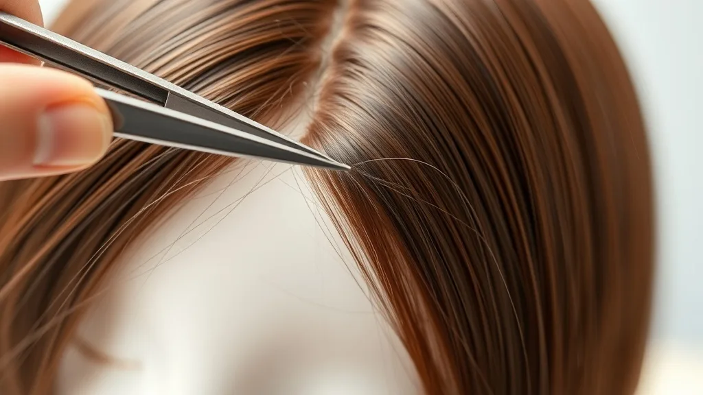 Close-up of tweezers plucking individual hairs from a wig hairline