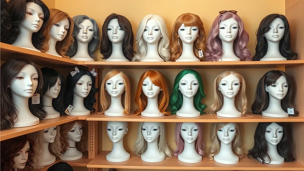 Row of wigs on foam heads organized by style and color