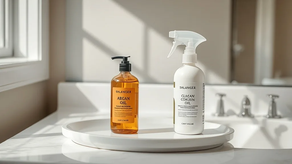 An array of wig care products including argan oil, leave-in conditioner, and a spray bottle