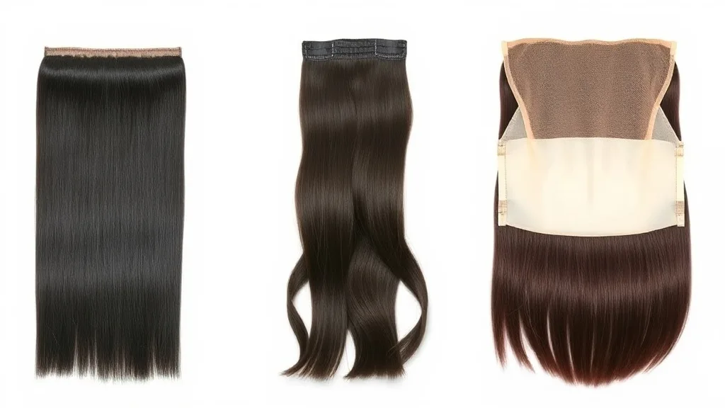 Side-by-side comparison of machine, hand-tied, and skin wefts