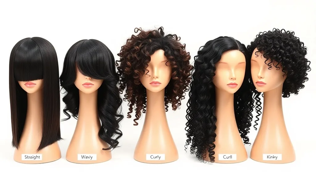 Five different wig curl patterns displayed on mannequin heads from straight to kinky