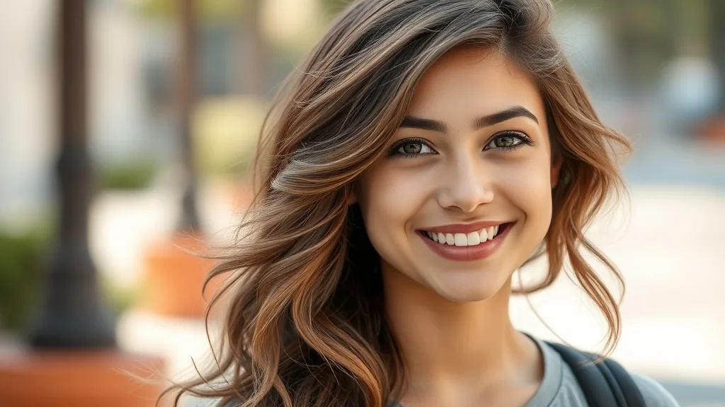 A woman with a wavy brown wig smiling, natural outdoors lighting