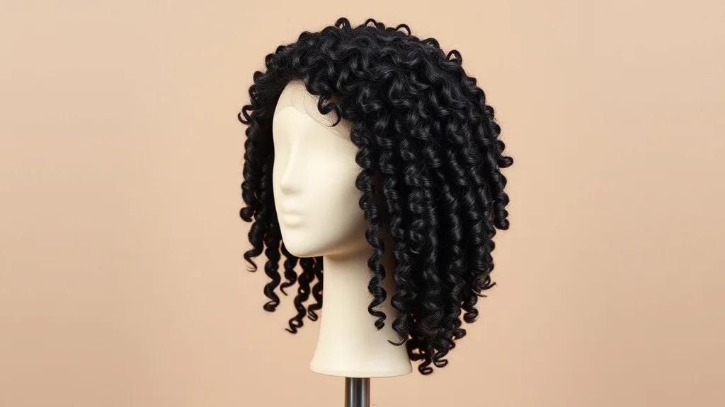 Coily kinky wig on a stand, showing tight zigzag pattern and volume
