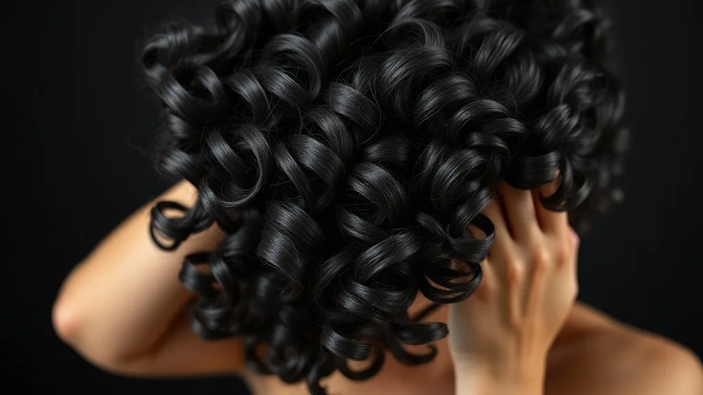 Close-up of a curly black wig being flipped, showing defined ringlets