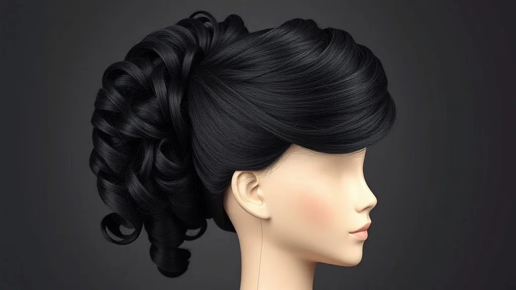 High density wig with large, voluminous curls styled in an updo.