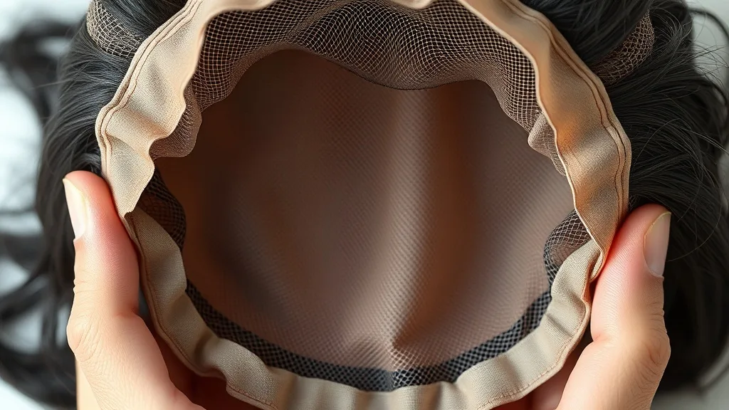 Close-up of a wig cap showing open wefts and monofilament top for ventilation
