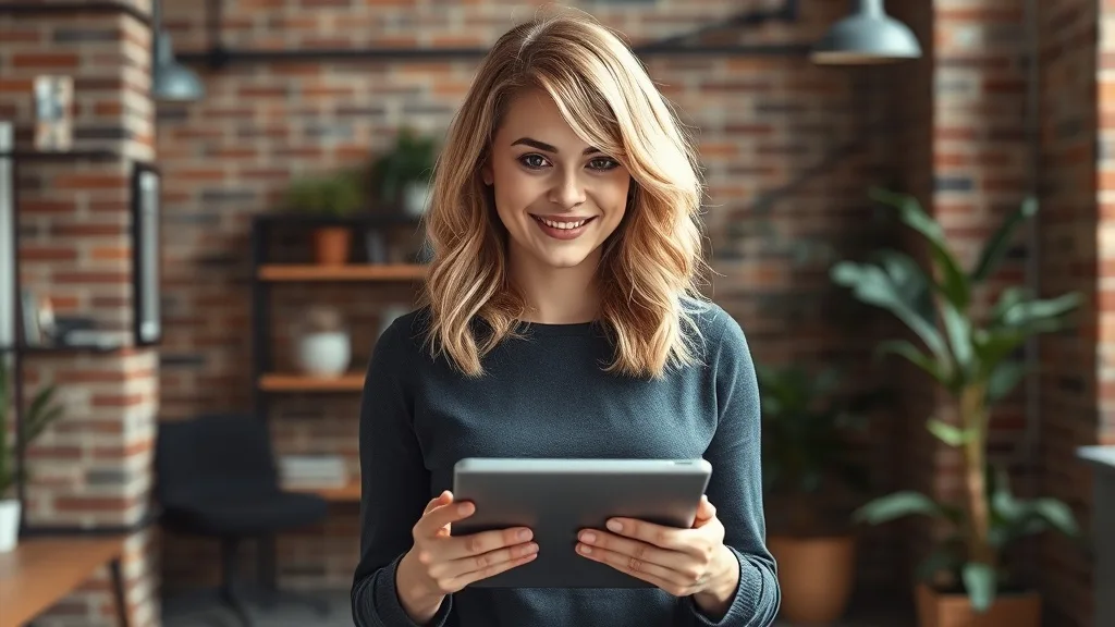 Young woman in a creative workspace with a layered long bob wig, holding a tablet