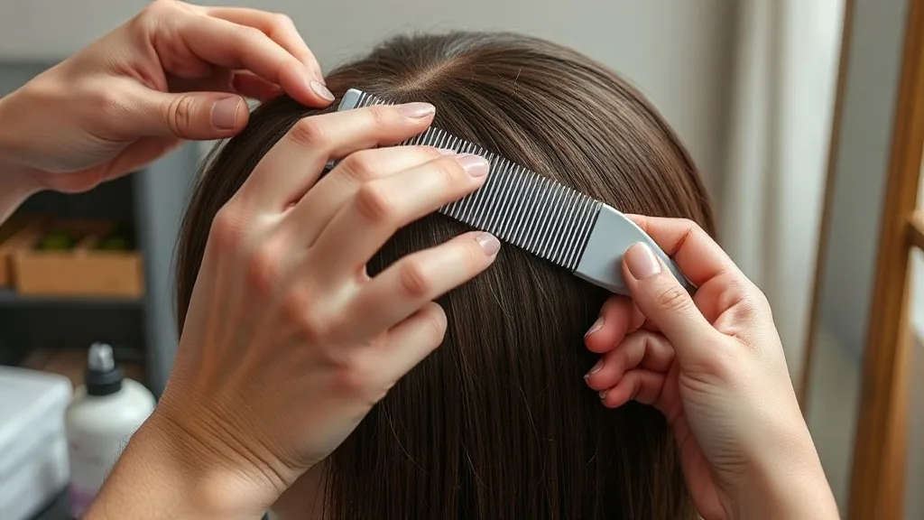 Hands adjusting a wig part with a comb and spray