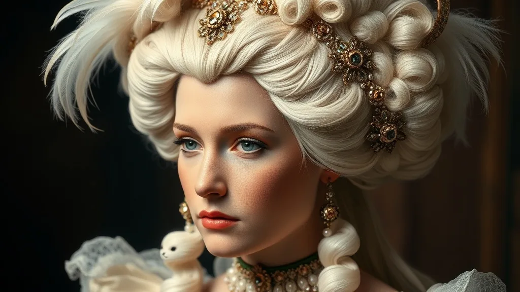 Marie Antoinette-style wig with a narrow part and ornate decorations