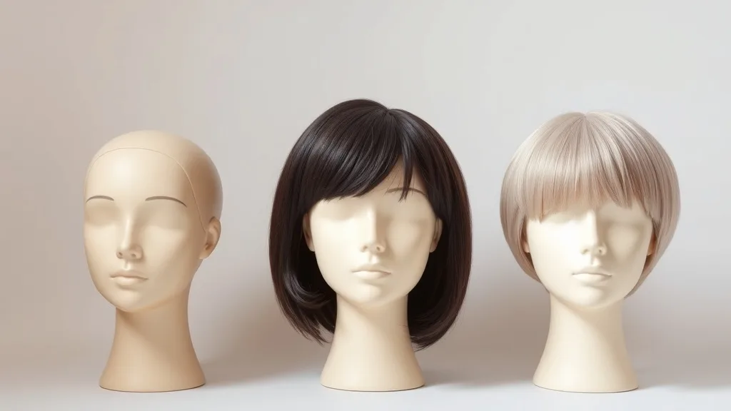 Three wig mannequins showing narrow, medium, and wide parts