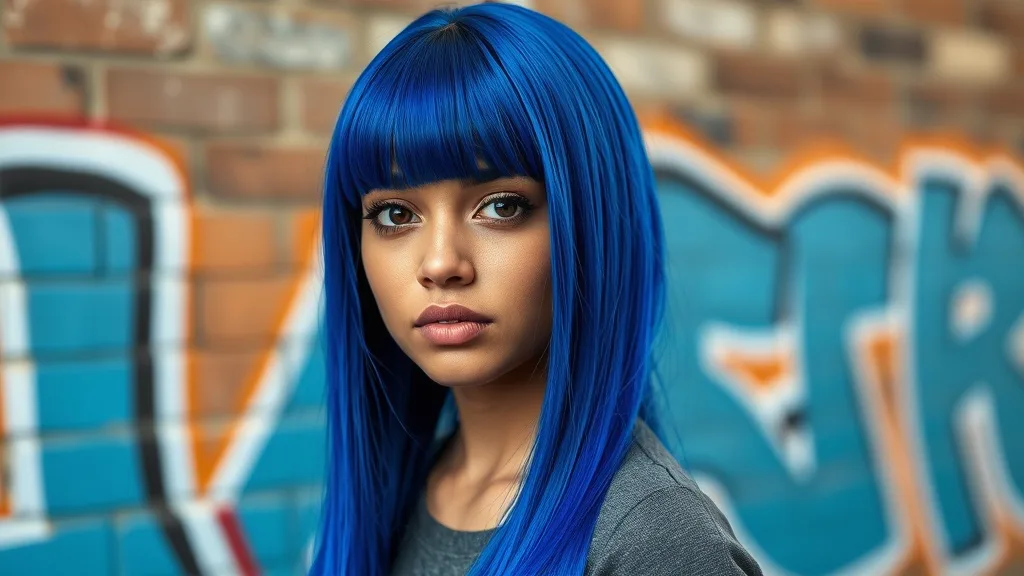 A confident woman with a bold blue wig in an urban setting.