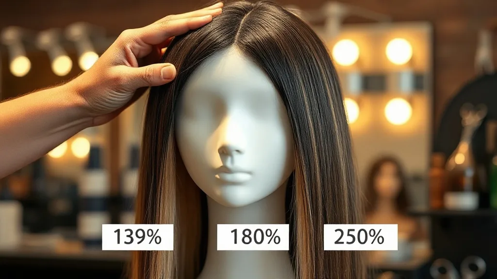Hand styling a wig on a mannequin with three density labels 130%, 180%, and 250% in a well-lit salon
