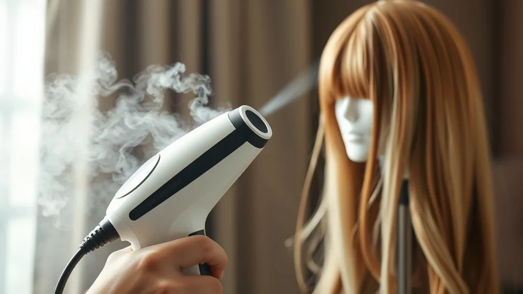 Garment steamer being used to gently steam a synthetic wig on a stand