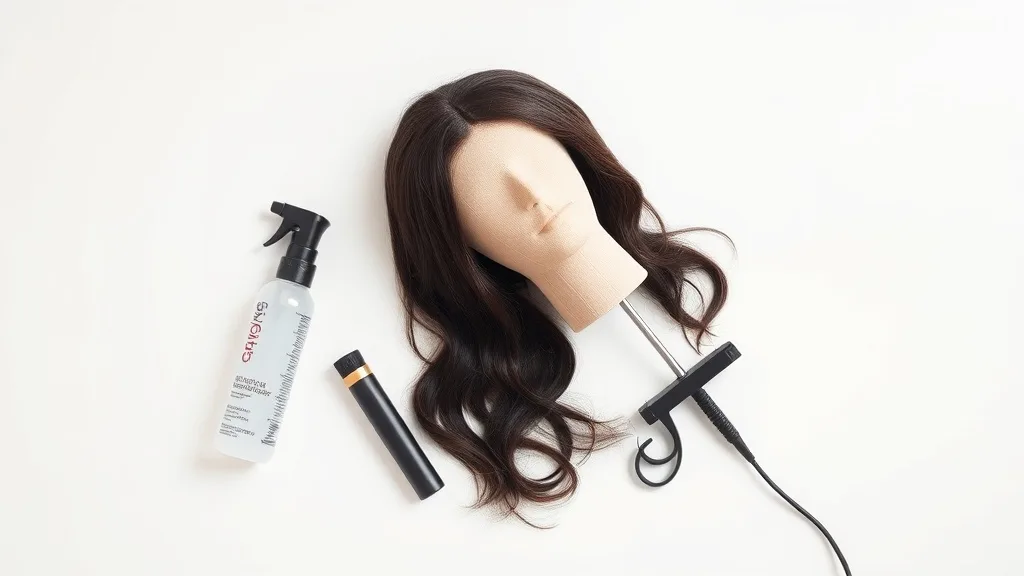 Low-heat curling iron and heat protectant spray next to a synthetic wig on a stand