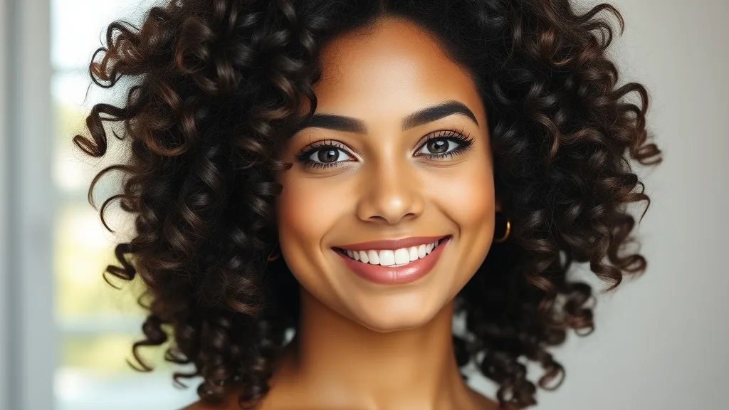Woman with a synthetic wig that has fresh curls, smiling naturally
