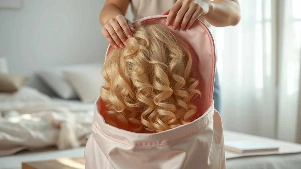 Hands gently placing a curly wig into a pale pink silk bag on a bed
