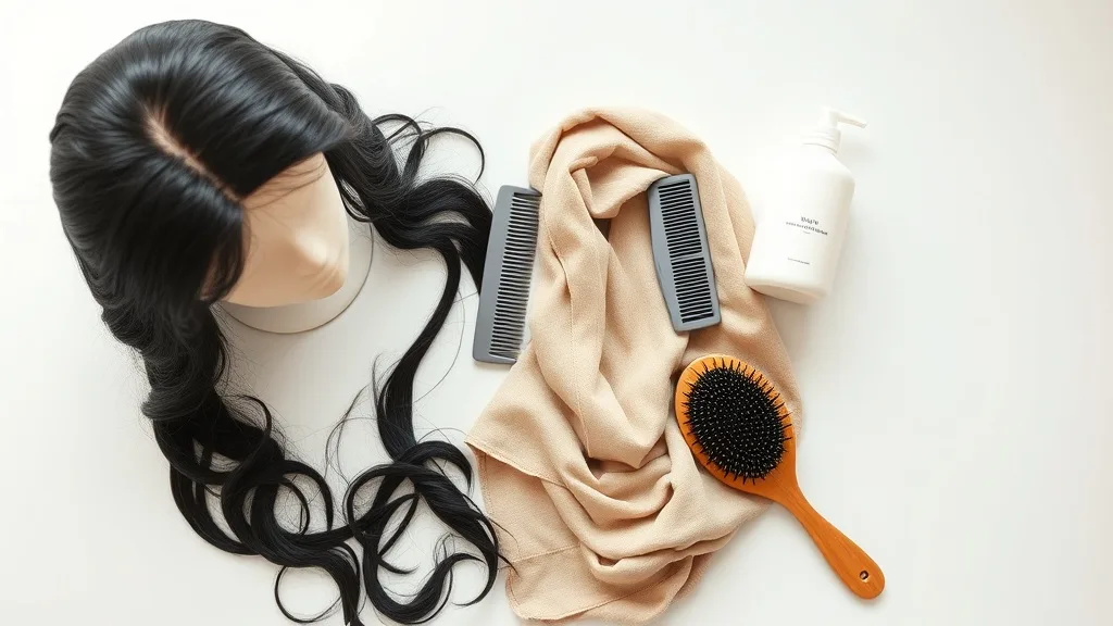 A vanity table with a wig stand, brush, conditioner, satin scarf, and a mirror