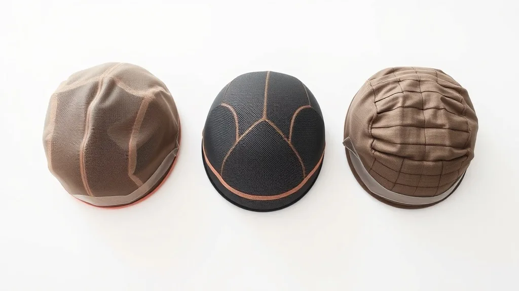 Close-up of three different wig cap constructions: lace front, monofilament, and basic wefted cap