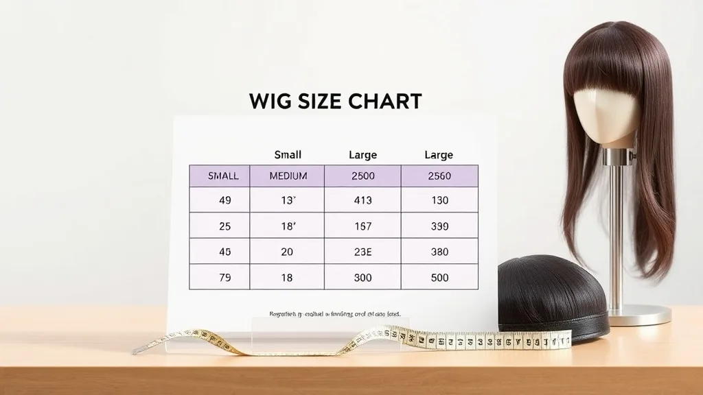 Infographic showing a wig size chart with measurements for small, medium, and large caps