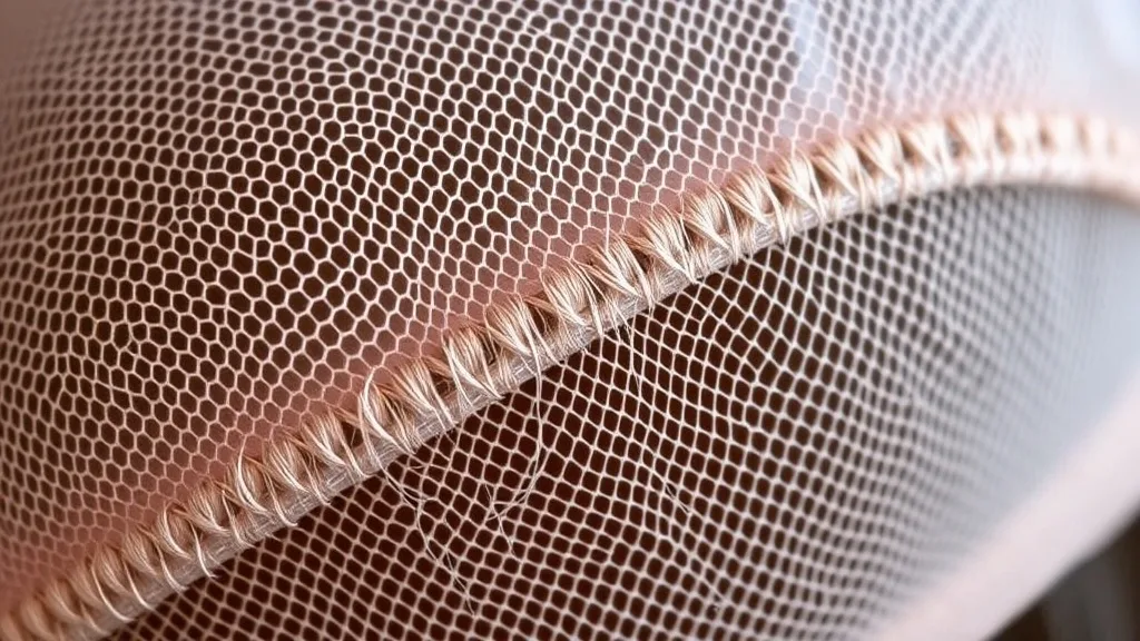 Close-up of a monofilament wig cap showing individual knots where hair is tied into the fine mesh.