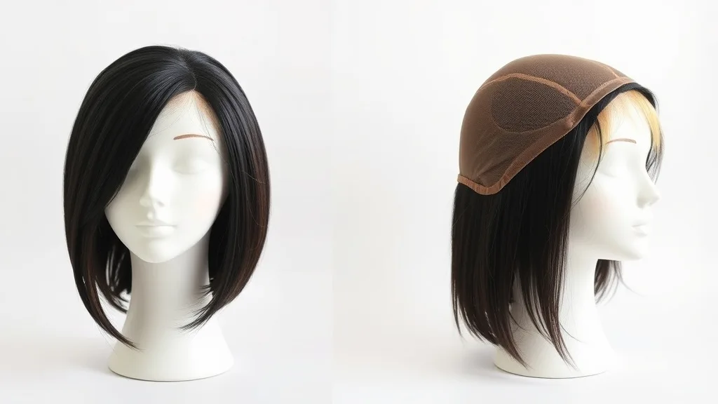 Two mannequin heads side by side, one with a lace front wig showing limited lace at the front, the other with a full lace wig showing lace all over.