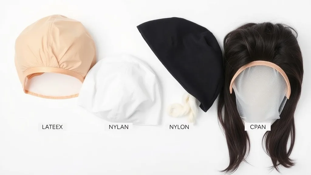 Arrangement of different wig cap pieces: latex, nylon, cotton, and monofilament, with labels