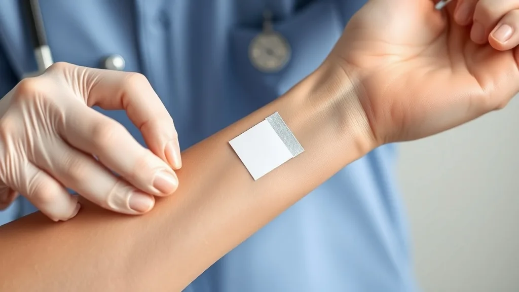 A person applying a small piece of wig cap material to their inner arm for a patch test
