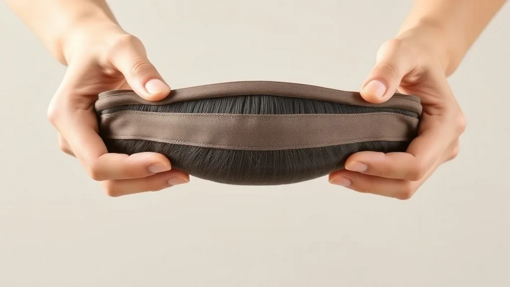 Two hands gently stretching a wefted wig cap to show its elasticity and strength