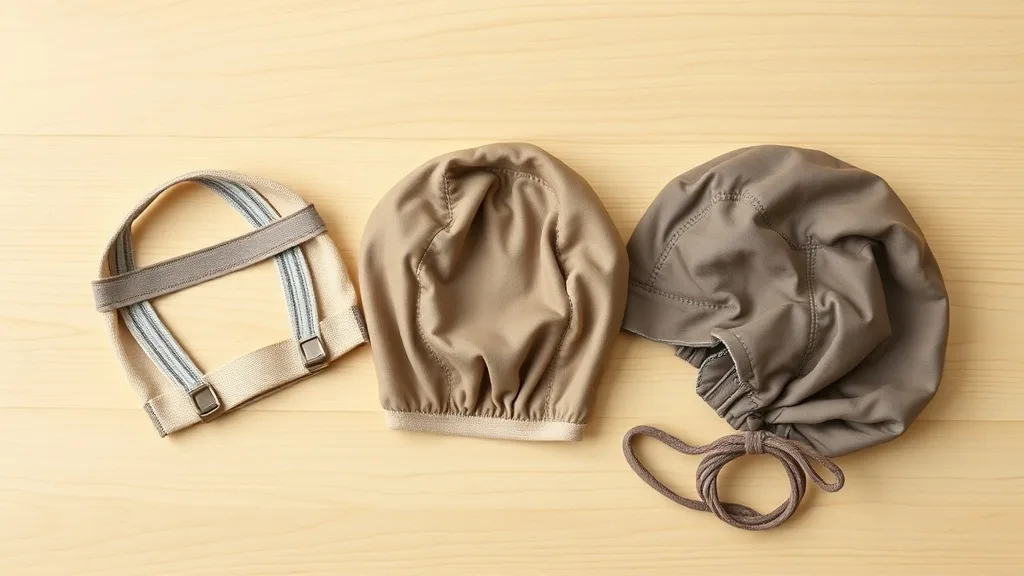 Three wig caps showing elastic straps, Velcro tabs, and a vintage drawstring