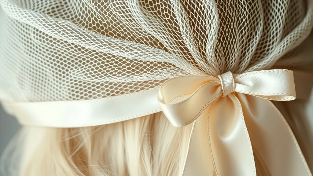 Close-up of a vintage wig cap with a ribbon drawstring at the nape