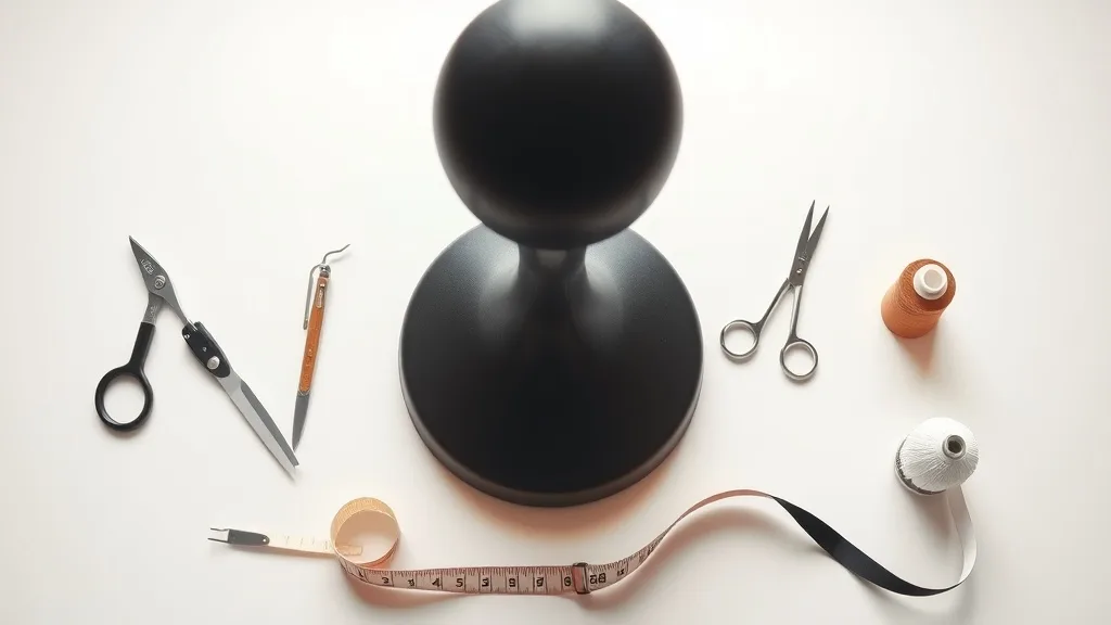 Wig stand, measuring tape, small scissors, and seam ripper laid on a table